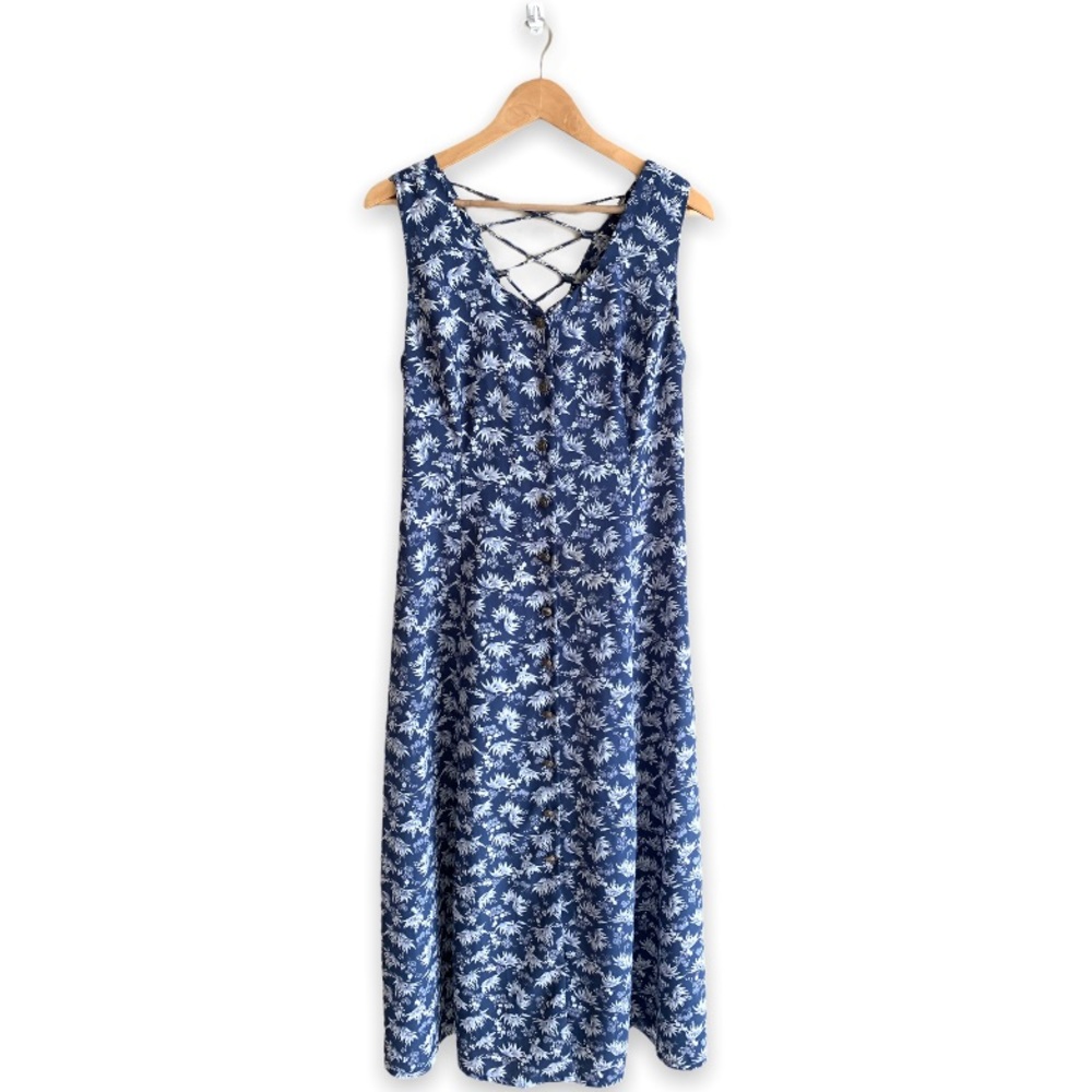 Vintage Hiroko Maxi Blue Button Up Floral Dress